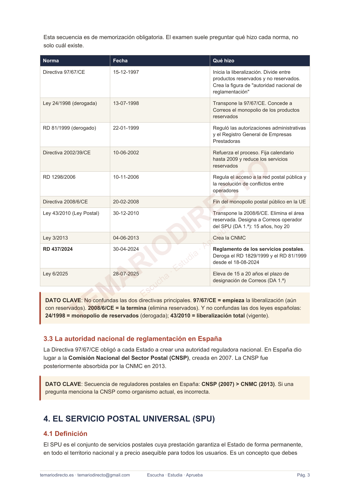 Página real de una tabla cronológica del Tema 1 de Correos